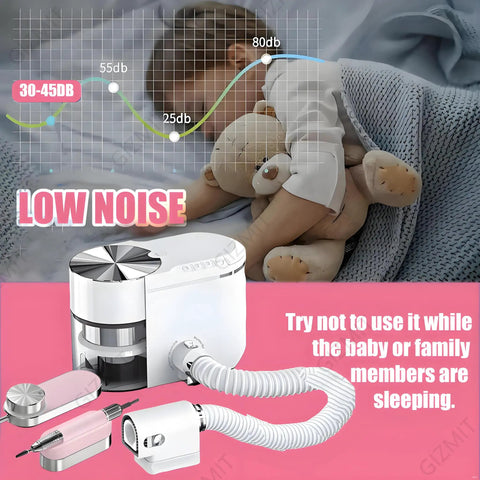 Straight Up Professional 2 In 1 Electric Nail Vacuum Cleaner And Drill Machine Kit, 30000 RPM Adjustable Speed Nail Dust Collector With Extendable Hose, Rechargeable Battery For A Dead Simple Gel Polish Removal Routine, Pink shown with a low noise indicator.