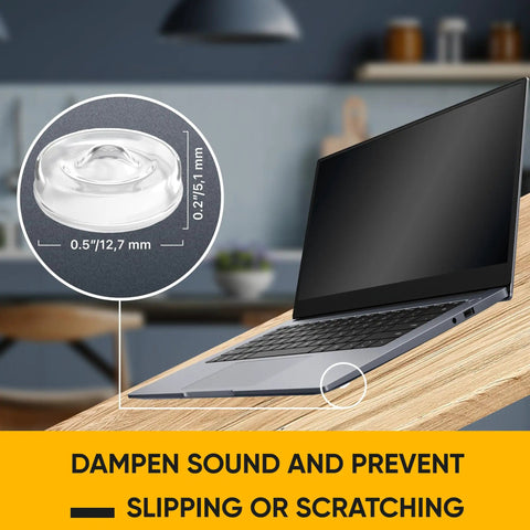 128 Self Adhesive Cabinet Door Bumpers For Quiet Closures No Slams, Clear Silicone Rubber Pads displayed with laptop for noise reduction.