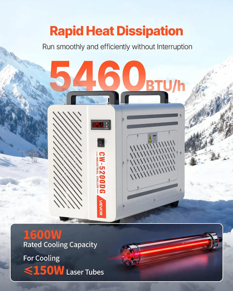 Solid Industrial Water Chiller With 5460 BtuH Cooling Output And Built In Compressor For CO2 Laser Engines Up To 150W Plus CNC Coolant Systems That Keep Your Rig Running Smooth Every Time, displayed in snowy environment.