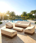 Heavy Duty Waterproof Patio Chair Covers For All Weather Protection showing beige and brown covers on outdoor chairs by pool.