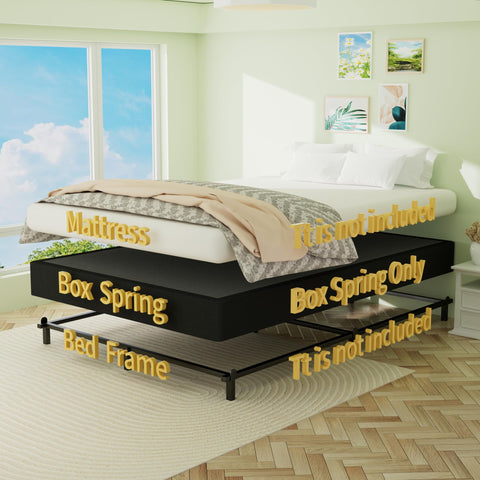 Heavy Duty King Box Spring With Thick Fabric Cover And Reinforced Steel Frame Low Profile Bed Base displayed with mattress and bed frame.
