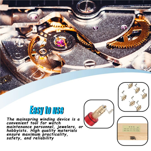 Mainspring Winder Set With Storage Box For Watches, 10 Interchangeable Arbors, brass parts and gears for watch repair visible