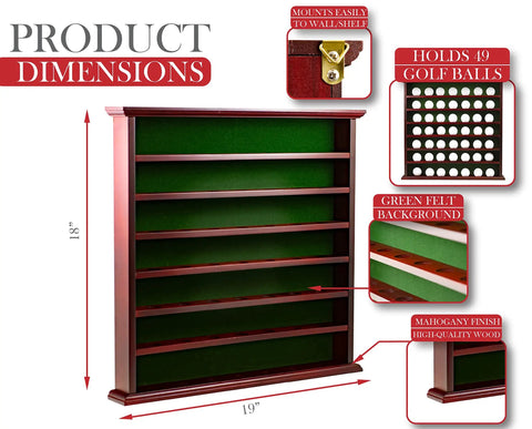 Mahogany Golf Ball Display Cabinet With Green Felt Backing And Brass Golfer Emblem Wall Mounted Display For Up To 49 Golf Balls