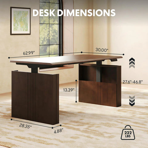 Get The Legit Badass Solid Wood Executive Standing Desk Featuring Sculpted Fluted H Frame Adjustable Height Mid Century Office Table In Rich Walnut For Your Setup with dimensions displayed.