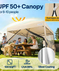 10x10ft Pop Up Screen Tent With Mosquito Netting And Two Zipper Doors Roller Bag Outdoor Canopy For Yard Camping And Party Events Durable 150D Silver Coated Oxford UPF 50 Plus Rust Resistant Steel Frame Beige with family in backyard