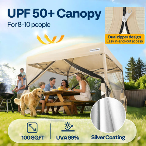 10x10ft Pop Up Screen Tent With Mosquito Netting And Two Zipper Doors Roller Bag Outdoor Canopy For Yard Camping And Party Events Durable 150D Silver Coated Oxford UPF 50 Plus Rust Resistant Steel Frame Beige with family in backyard