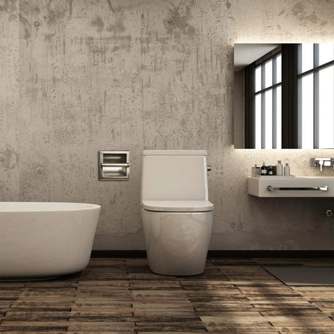 Modern bathroom with Recessed Brushed Nickel Toilet Paper Holder, Wall Mounted Heavy Duty Metal Roll Holder, visible near toilet.