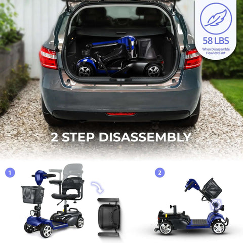 Folding Mobility Scooter for Adults With 300W Motor and 20Ah Battery, All Day Cruising, shown folded in car trunk