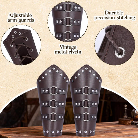 Epic Medieval Renaissance Sword Belt Set With Leather Bracers Pirate Costume Accessories Including Sword Holster Frog Skirt Hikes And Coin Pouch Brown Leather LARP Gear For Women And Viking Themed Events showing adjustable arm guards and rivets detailing