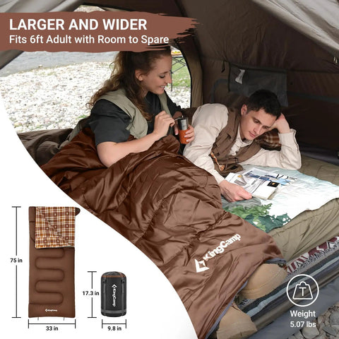 XL Big And Tall Flannel Sleeping Bag For Adults Cold Weather Cozy Warmth With Plush Cloud Like Liner in tent with couple