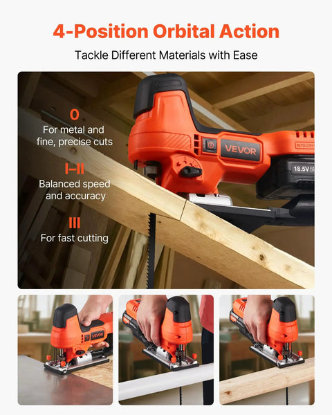 Badass 20V Brushless Cordless Jigsaw, Knockout 3500 SPM Variable Speed With Standard Battery Hookup, Built In Led Lamp, Four Orbital Settings, Six Fresh Blades For Pain Free Wood And Metal Jobs Daily showing 4-position orbital action for precise cuts.