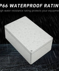 Heavy Duty Waterproof Aluminum Junction Box 7.4 By 4.72 By 3 Inches Outdoor Enclosure IP66 Dustproof Electrical Project Box shown in rain.