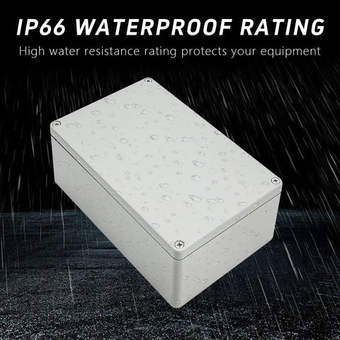 Heavy Duty Waterproof Aluminum Junction Box 7.4 By 4.72 By 3 Inches Outdoor Enclosure IP66 Dustproof Electrical Project Box shown in rain.