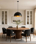 15" Black and Gold Dome Pendant Lights, 3 Pack Industrial Farmhouse Textured Matte Black Hanging Light Fixtures with Hand-Applied Gold Leaf Interior for Kitchen Island, Dining Room, Bar, E26 above a modern wooden dining table.