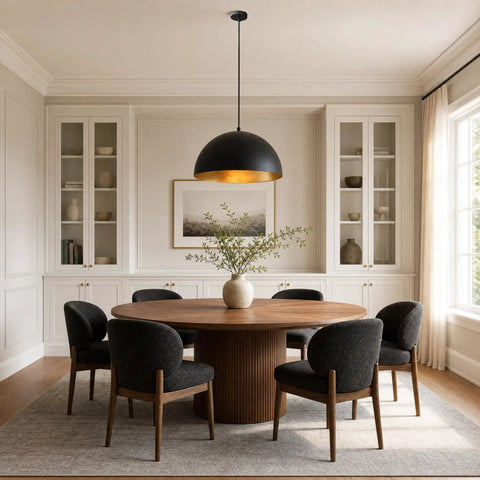 15" Black and Gold Dome Pendant Lights, 3 Pack Industrial Farmhouse Textured Matte Black Hanging Light Fixtures with Hand-Applied Gold Leaf Interior for Kitchen Island, Dining Room, Bar, E26 above a modern wooden dining table.