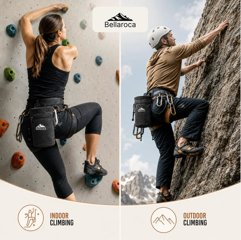 Climbers using Climbing Chalk Bag With Waist Belt And Carabiner For Rock Climbing And Bouldering Rigid Rim Soft Fleece Lining No Spill