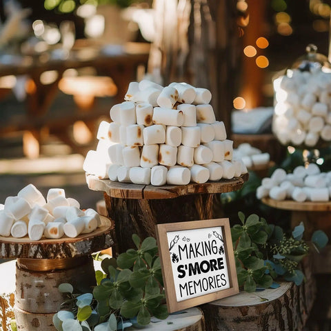 Wooden camper decor sign 'Making S'more Memories' amid marshmallow stacks at a rustic outdoor setting.