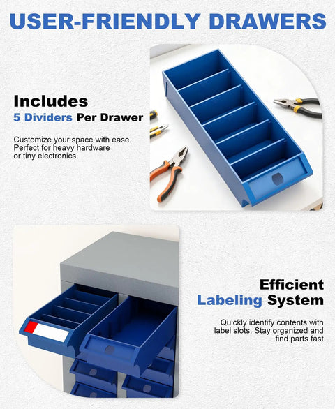 40 Drawer Steel Parts Cabinet With ABS Bin Organizers showing dividers and label slots