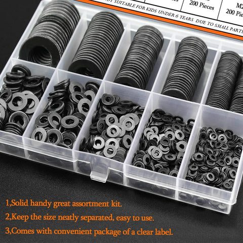 900 Piece Black Zinc Flat Washers Assorted Kit With Lock Metal Washers In Durable Plastic Case Includes M2 M2.5 M3 M4 M5 M6 M8 M10 M12 For Electrical Projects And DIY Gear