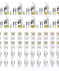 Pro Grade RJ45 Crimp Tool Kit with 10 Cat7 shielded connectors, 20 Cat6 pass-through connectors, and covers for network cables.