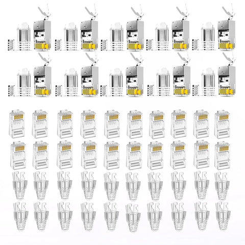 Pro Grade RJ45 Crimp Tool Kit with 10 Cat7 shielded connectors, 20 Cat6 pass-through connectors, and covers for network cables.