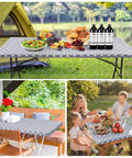 Rectangular Vinyl Table Cloth With Elastic Fitted Edges And Flannel Backing, Waterproof And Stain Resistant Cover That Stays Put On 6 Foot Folding Tables For Picnics Camping Indoor Or Outdoor Use Gray 30 By 72 Inches shown in various settings