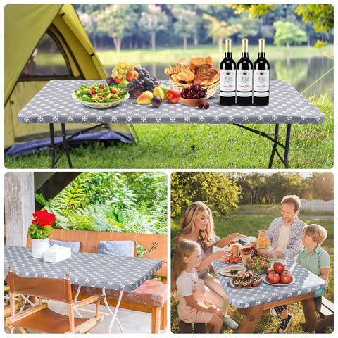 Rectangular Vinyl Table Cloth With Elastic Fitted Edges And Flannel Backing, Waterproof And Stain Resistant Cover That Stays Put On 6 Foot Folding Tables For Picnics Camping Indoor Or Outdoor Use Gray 30 By 72 Inches shown in various settings