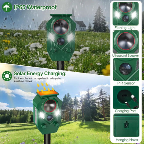Outdoor Ultrasonic Animal Repeller With PIR Motion Sensor And Flashing Light Solar Powered Yard Guard Deterrent For Deer Rabbits Squirrels Raccoons Skunks And Dogs IP65 Waterproof One Pack mounted in rainy garden
