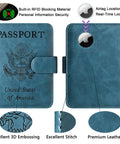 Passport Holder With AirTag Slot And RFID Blocking Leather Wallet For Travel, Durable Blue Leather Case showing front and back
