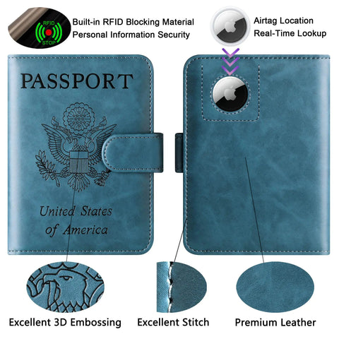 Passport Holder With AirTag Slot And RFID Blocking Leather Wallet For Travel, Durable Blue Leather Case showing front and back