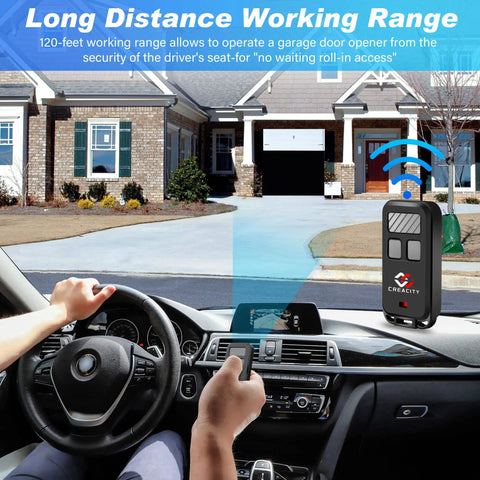 Your Go To Multi Color 3 Button Garage Door Opener Remote With Key Chain Replacement in use from car dashboard to open door