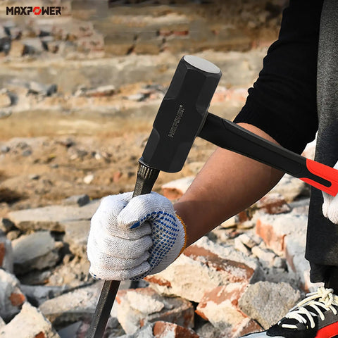 Person using 4 Pound Sledge Hammer With Steel Head And 12 Inch Fiberglass Handle Shock Resistant Drop Forged Construction