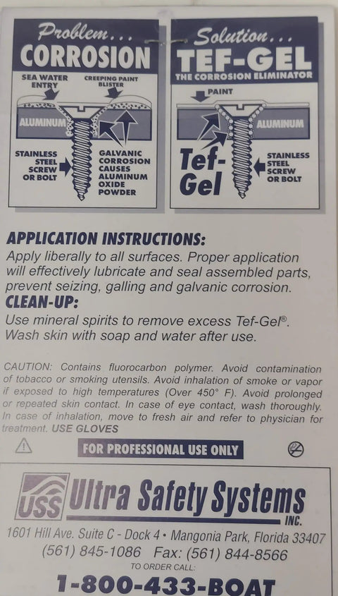 Instruction label for Tef Gel TG T Heavy Duty Corrosion Eliminator And Anti Seize Lubricant For Marine And Industrial Use Prevents Pitting And Galling While Providing Lasting Protection On Bolts Fasteners And Metal Surfaces 8 Lb And 1 Gallon Size Food Grade Certified.