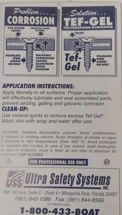 Tef-Gel TG-.25 3cc Anti-Corrosion And Anti-Seize Pro-Grade Marine Lubricant application instructions and caution label.