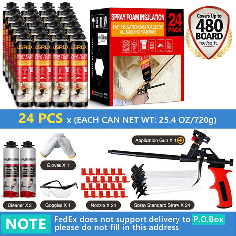 DIY Spray Foam Insulation Kit With 24 Pack 25 Ounce Cans Covers Up To 480 Sq Ft Closed Cell Foam For Heat And Acoustic Insulation Includes Gun And Cleaner with accessories