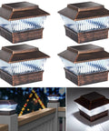 Outdoor Solar Post Lights Led Deck Fence Cap Lighting For 3.5x3.5 To 6x6 Wood Posts Bronze Finish 4 Pack Waterproof Garden