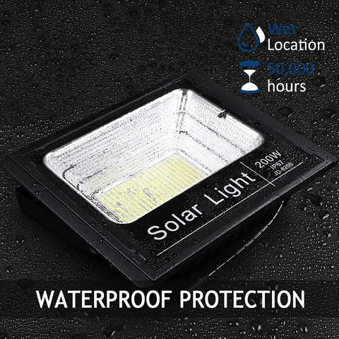 JUDYSSY 200W Led Solar Flood Light Dusk to Dawn Sensor Light showing waterproof design with reflective interior.
