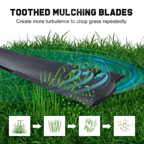 Toothed mulching blade cutting grass, demonstrating effectiveness for 22 inch Toro Recycler lawn mower replacement blade.