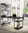 Top Tier Industrial Home Office Computer Desk With Five Tier Storage Shelves Fifty Four Inch Study Writing Table Desktop Workstation in matte black.