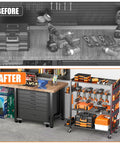 Before and after view of Rolling Power Tool Storage Cart With Four-Tier Drill Organizer That Fits Up To 12 Drills, Tool Boxes, Hand Tools, And Accessories, On Wheels For Easy Mobility, Built For The Garage Or Workshop, Pro-Grade All-In-One Mobile Cordless Tool Rack in a garage workshop.