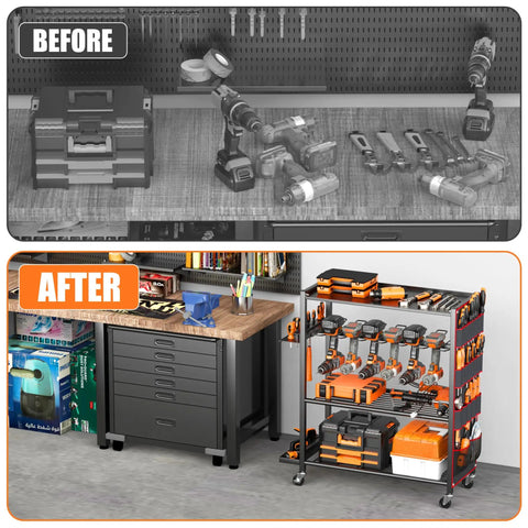 Before and after view of Rolling Power Tool Storage Cart With Four-Tier Drill Organizer That Fits Up To 12 Drills, Tool Boxes, Hand Tools, And Accessories, On Wheels For Easy Mobility, Built For The Garage Or Workshop, Pro-Grade All-In-One Mobile Cordless Tool Rack in a garage workshop.
