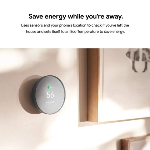 Nest Thermostat Smart Programmable WiFi Thermostat With Energy Star Certification mounted on wall in charcoal finish, displaying eco mode.