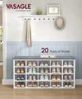 Open Storage Shoe Bench With Padded Seat And 20 Compartments, A Practical Entryway Organizer For Bedroom Or Hallway, Cloud White And Dove Gray Finish, holds 20 pairs of shoes