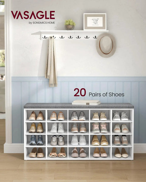 Open Storage Shoe Bench With Padded Seat And 20 Compartments, A Practical Entryway Organizer For Bedroom Or Hallway, Cloud White And Dove Gray Finish, holds 20 pairs of shoes