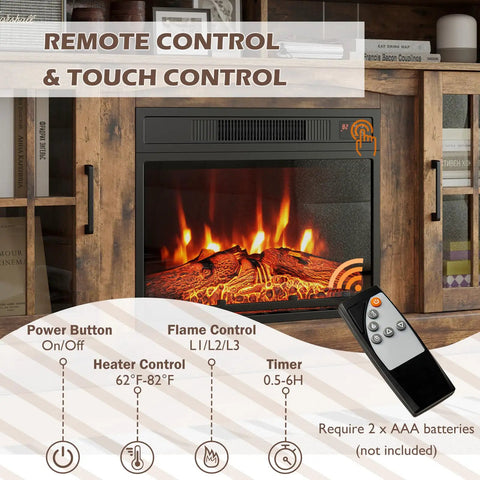 Remote control features of Electric Fireplace TV Stand For 65 Inch TVs With 23 Inch Fireplace Insert, brown finish