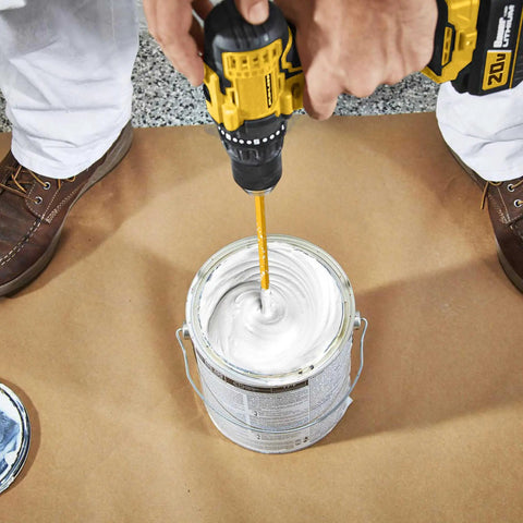 Must-Have Paint And Mud Mixer For Drill 1 To 5 Gallon Buckets Fits All Standard Drill Bits Hex Head Anti-Slip Easy Clean Painting And Plastering Mixer Stirrer Tool Yellow mixing white paint in a bucket