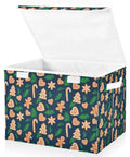 Foldable Storage Bin With Flip Top Lid And Reinforced Handles For Bedroom Closet with festive gingerbread design, open lid.