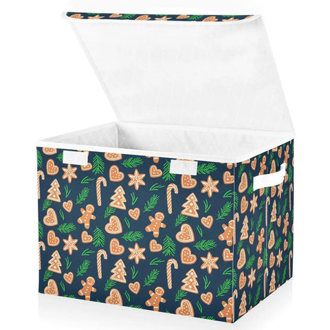 Foldable Storage Bin With Flip Top Lid And Reinforced Handles For Bedroom Closet with festive gingerbread design, open lid.