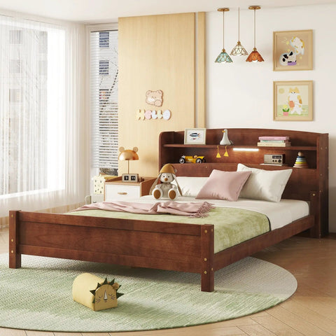 Solid Pine Wood Bed With Bookcase Headboard And Walnut Finish, Built In LED Motion Sensor Light, Sturdy Guard Rails in a cozy bedroom.