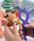Foolproof Safety Eyes Jig Pliers For Doll Faces inserting washer into plush toy nose, purple durable plastic tool in use.